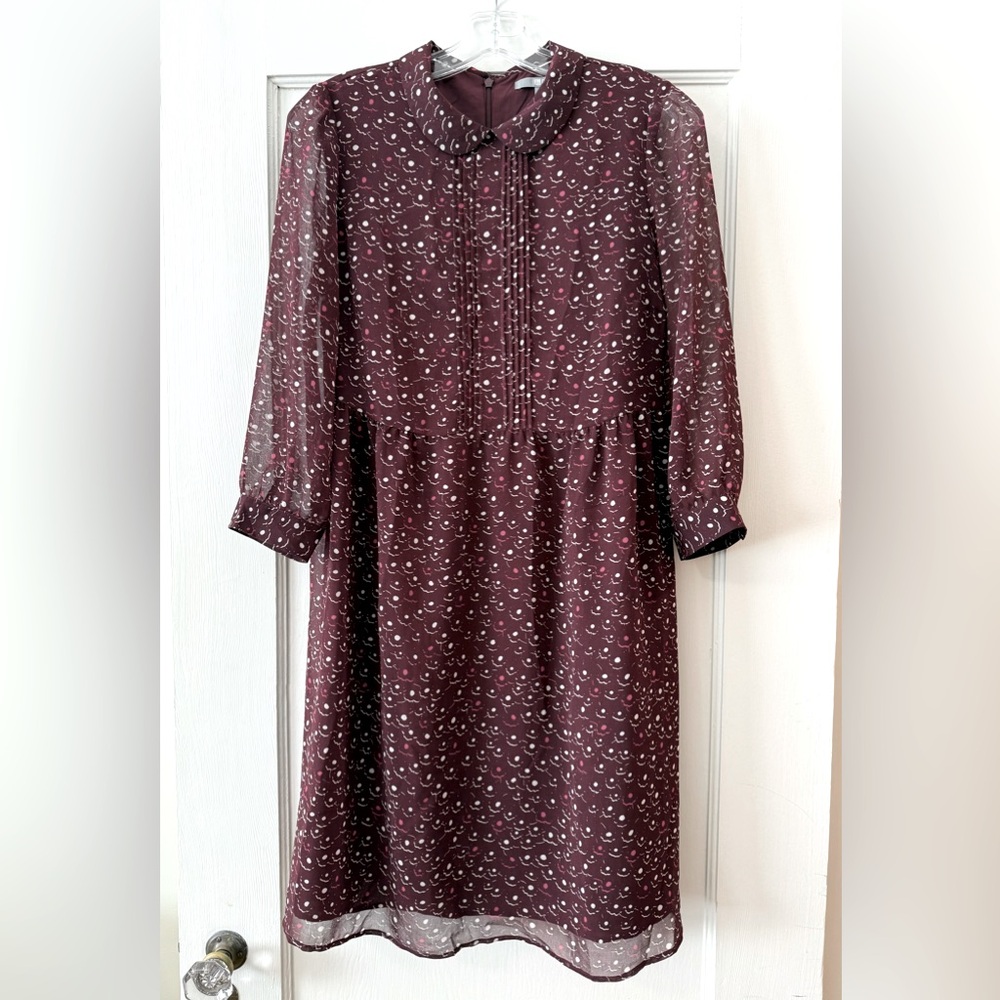 Uniqlo | Chiffon Printed 3/4 Sleeve Peter Pan Dress - Burgundy S